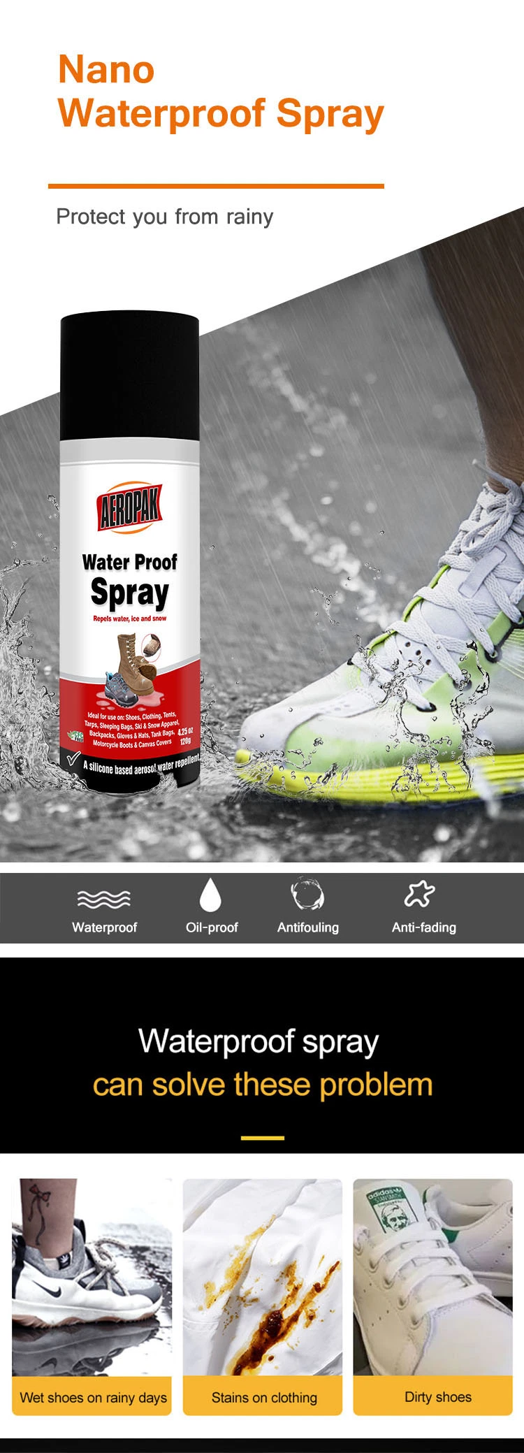 Aeropak Nano Coating Spray Waterproofing Spray Water Repellent Spray Waterproof Spray for Shoes/Textile/Clothing/Shoes/Tents